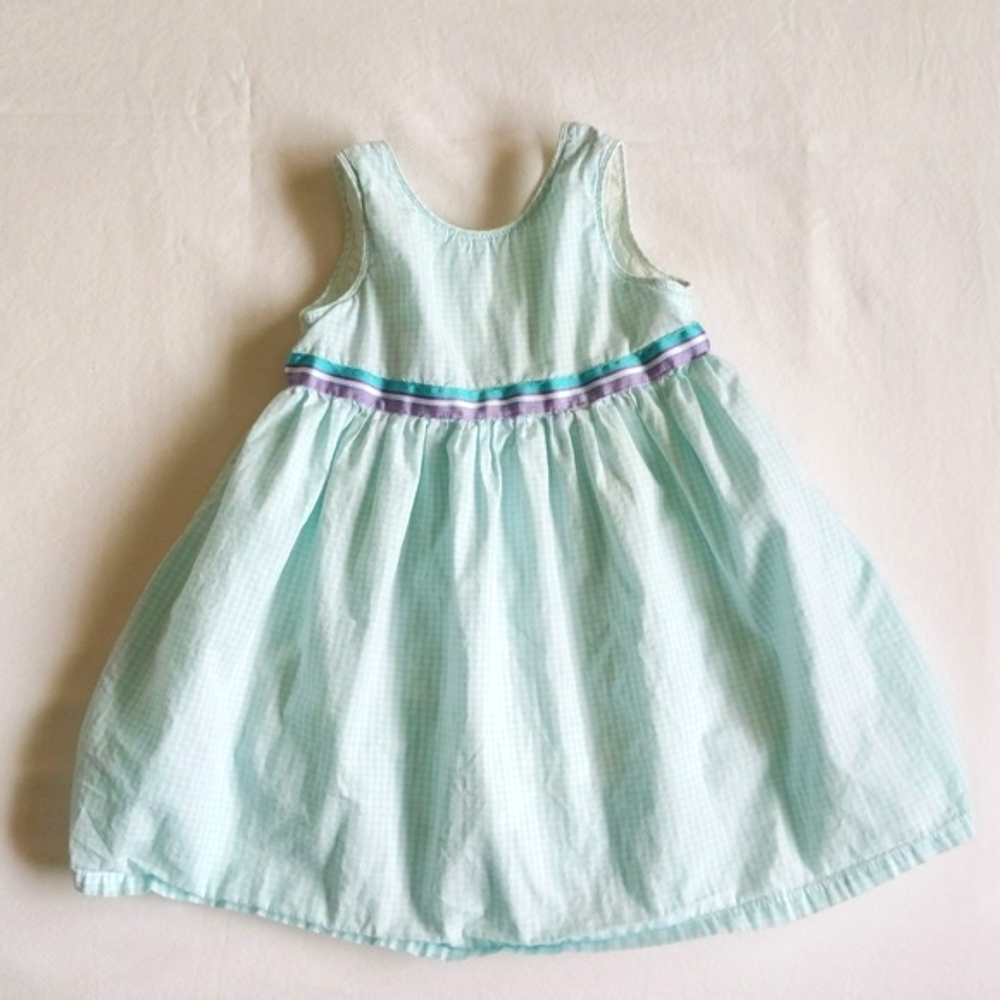 VTG 2003 Old Navy Aqua Gingham Summer Dress 12-18M Ribbon Detail Cottagecore
